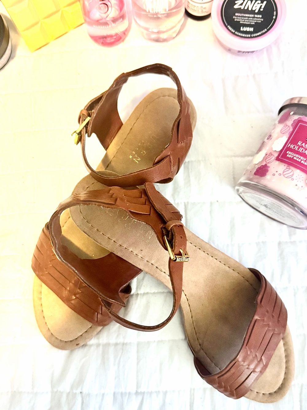 RALP h Lauren Women's Tan Woven Ankle-Strap Sandals 8.5/9